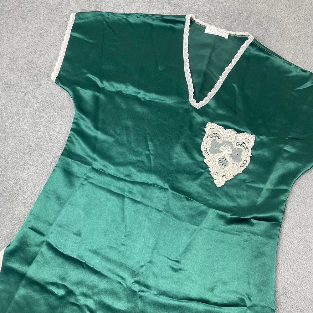 Vtg 80's Val Mode Women L Nightgown Emerald Green Satin Lace Trim Heart Applique